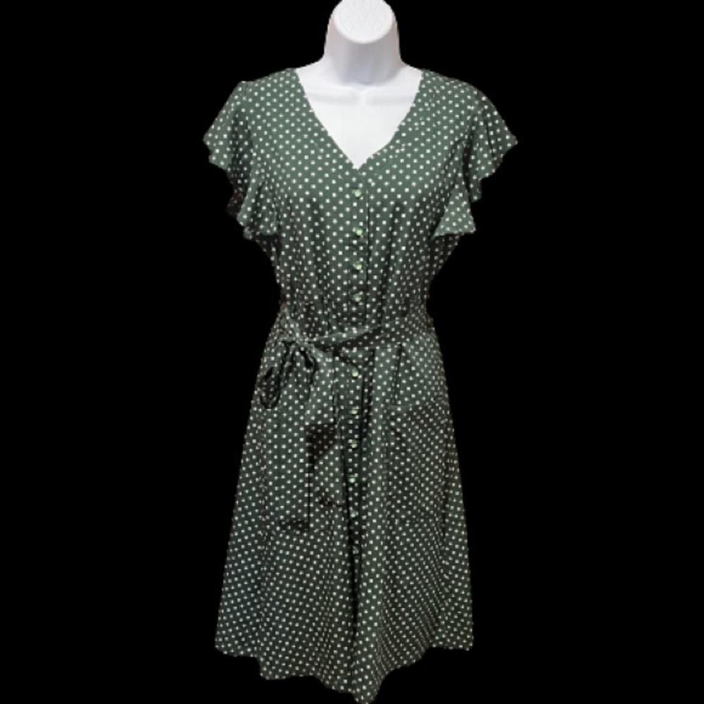 Flutter Sleeve, Button-Down, Green Polka Dot Midi… - image 4